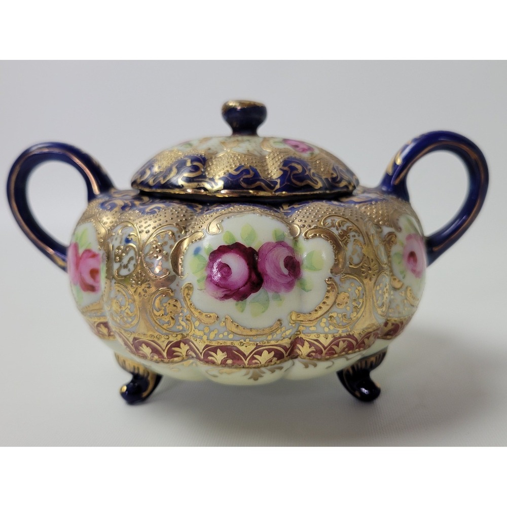 Antique Nippon Sugar Bowl Cobalt Blue Gold Moriage Hand Painted Roses Japan